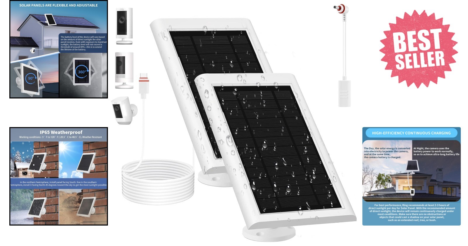 Solar Panel for Ring Camera(2Nd Generation), 2 Pack 5W Solar Panel with 10FT/3M