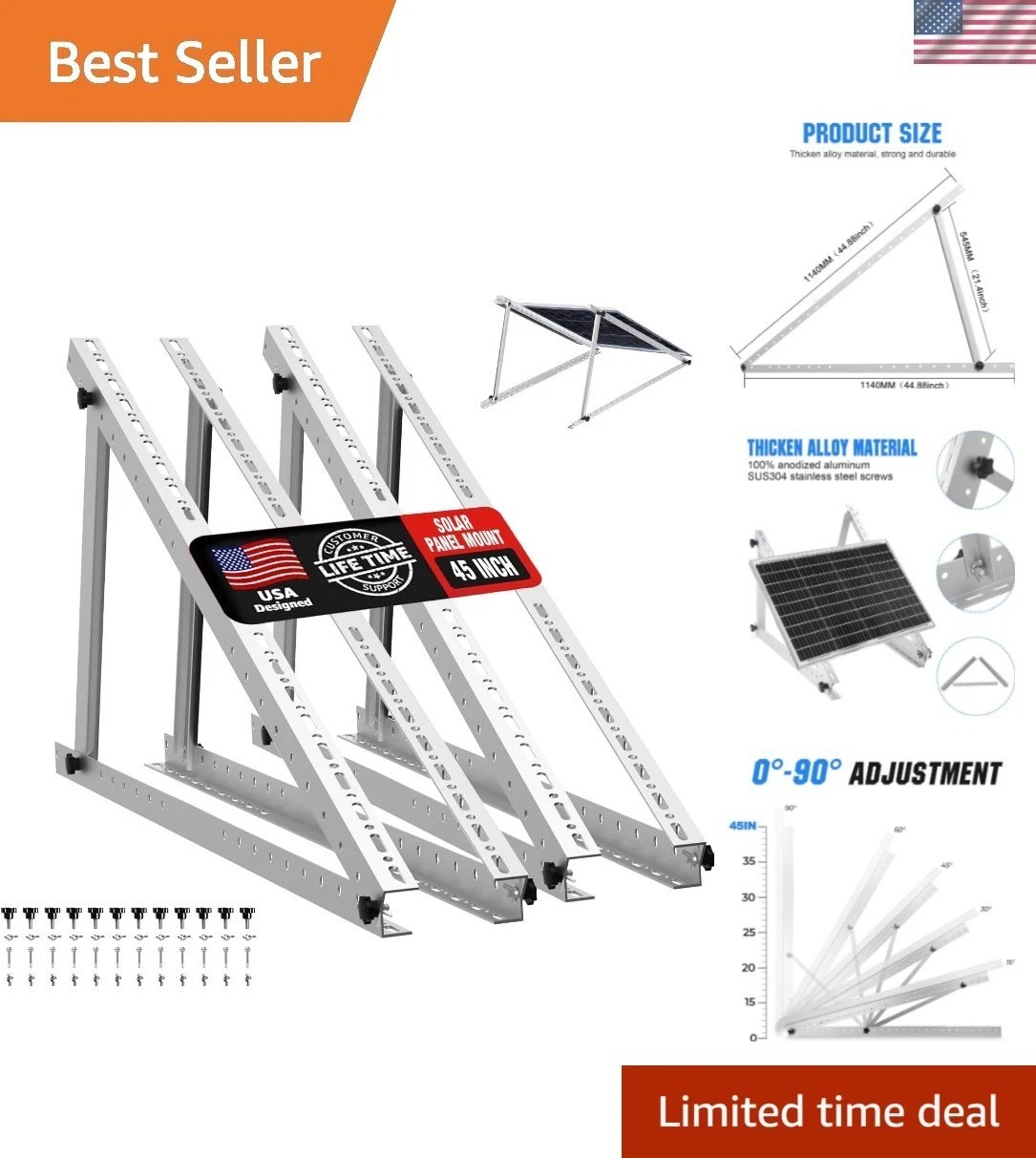 45-Inch Aluminum Solar Mounting Brackets – Adjustable for Various Applications