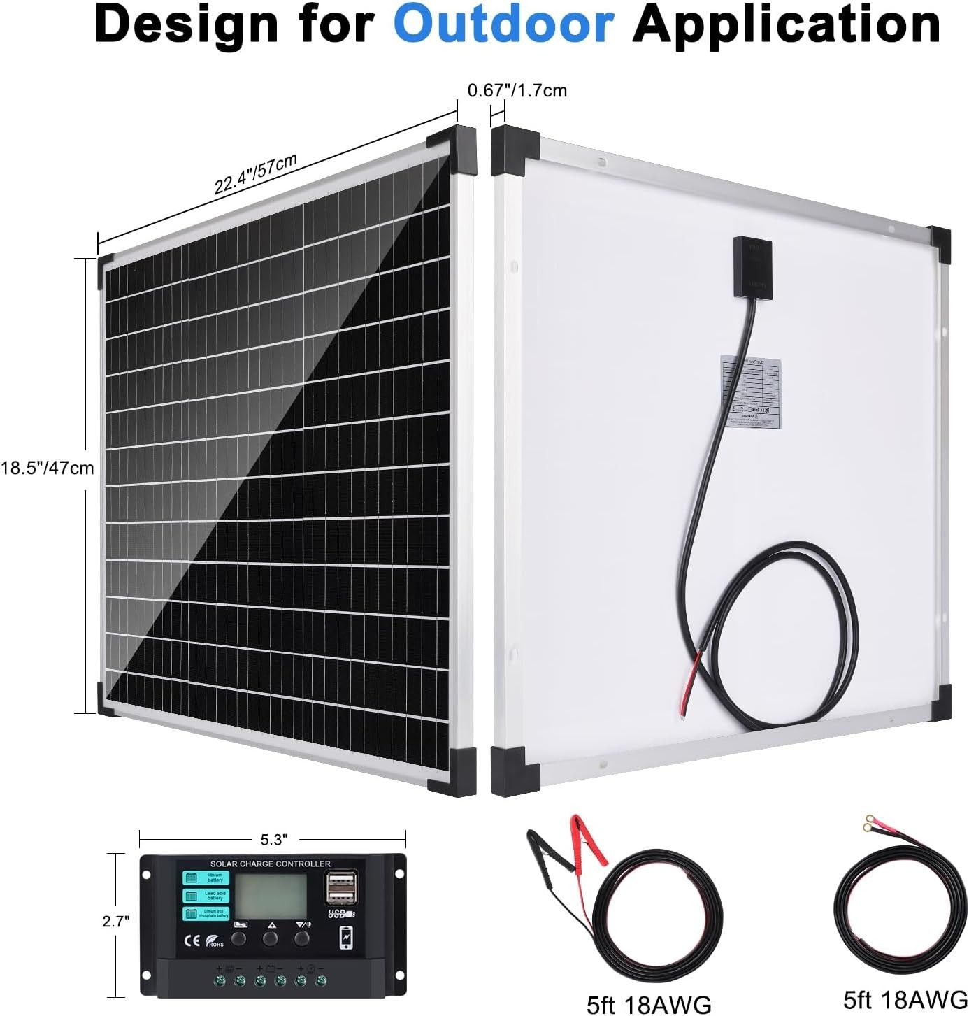 50W/12V Solar Panel Kit with 10A Charge Controller, Monocrystalline Solar Bat…