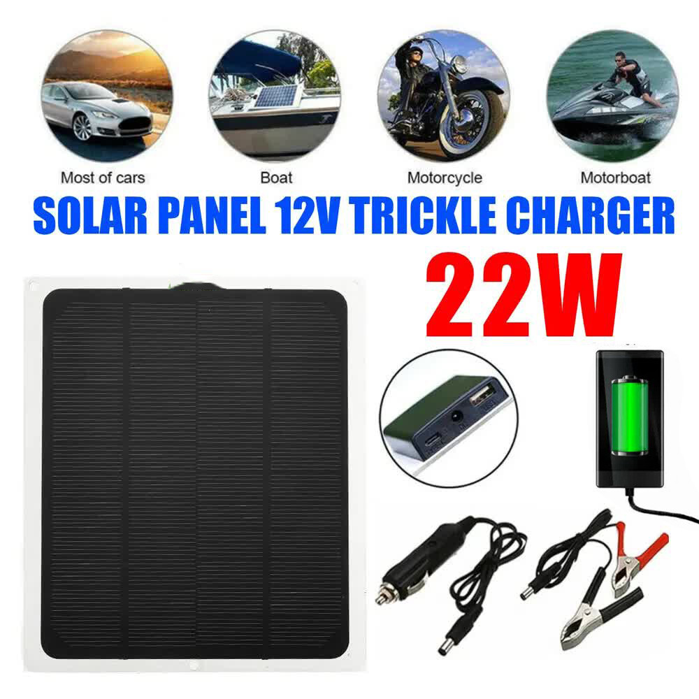 Trickle Charger 22W Solar Panel Kit 12V Battery Charger Maintainer Boat RV Car