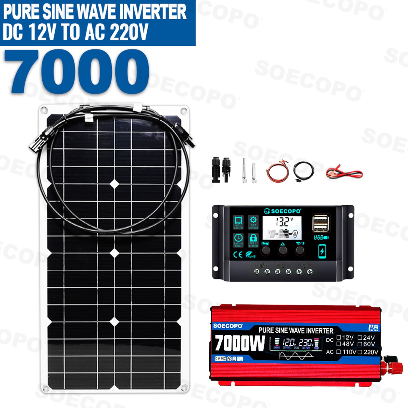 7000W Solar System Kit 100A Controller DC12V AC110 220V Panel for RV Boat CampIY