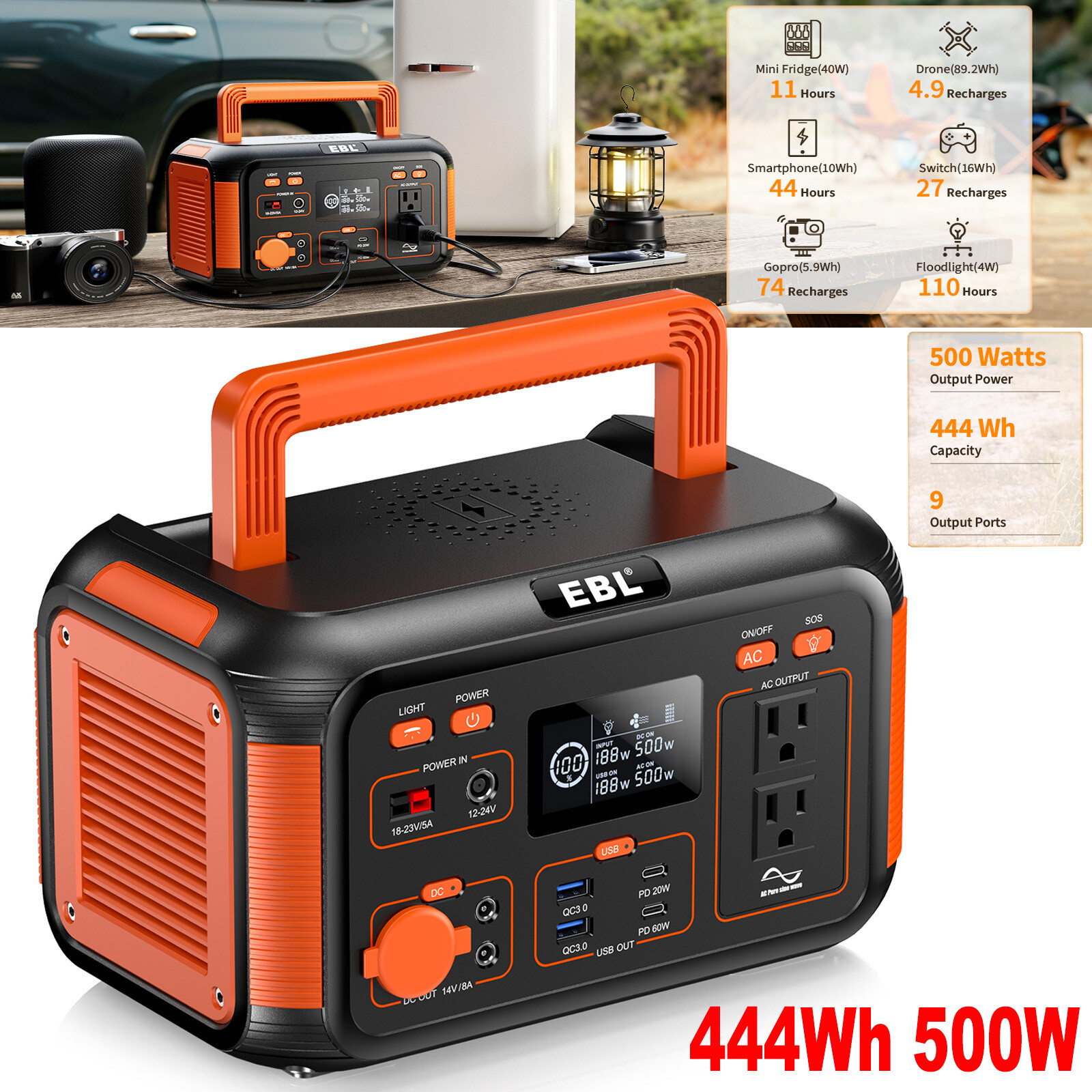 Peak 1000W Power Station ,500W 444Wh Portable Solar Generator Battery Camping