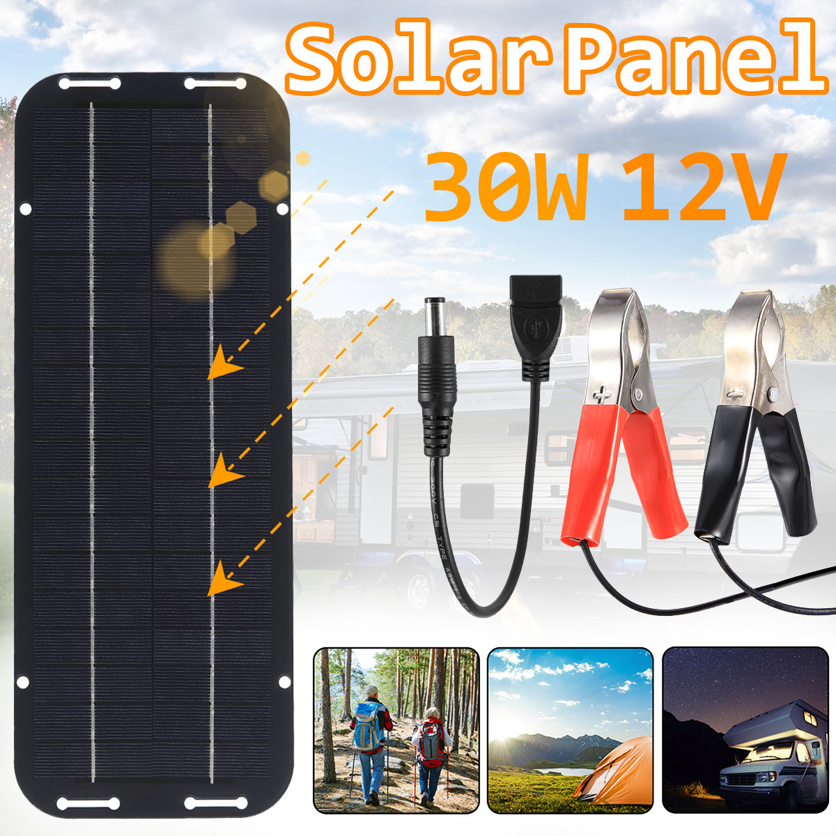 30W 12V Solar Panel Trickle Charger Battery Charger Kit Maintainer For Boat RV