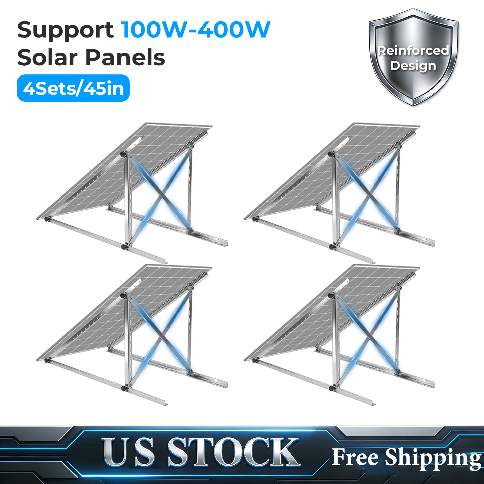 4 Sets 45in Solar Panel RV Tilt Mount Brackets kit Roof Surface Adjustable Frame
