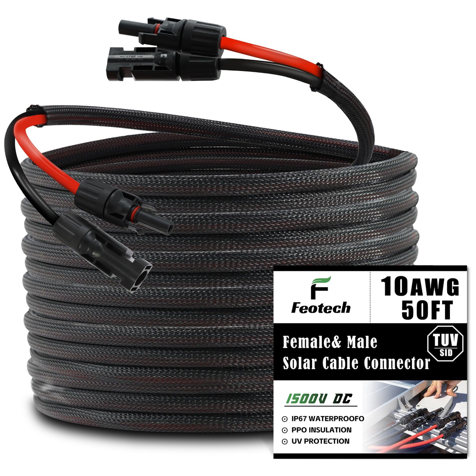 Twin Wire 50FT Solar Extension Cable – 10AWG 6mm Black Red with IP67 Solar P…