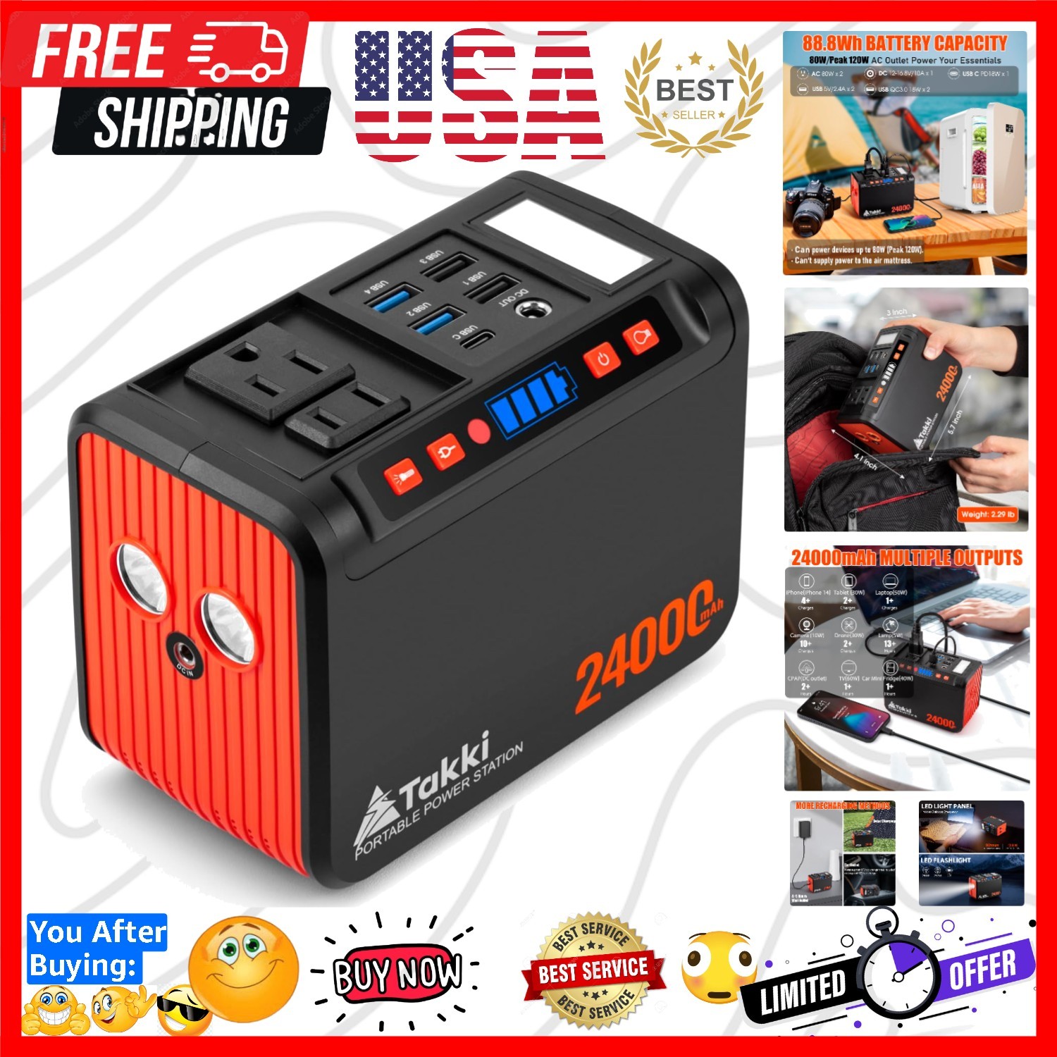 88.8Wh Portable Power Station Lithium Battery Small Generator Power Bank with…