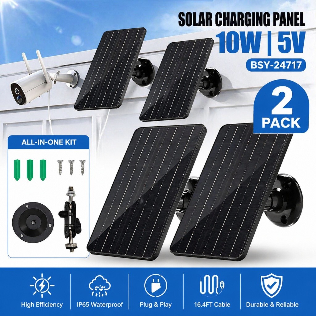 Solar Panel for Security Camera, 2 Pack 10W Solar Charger with USB-C 10ft Cable