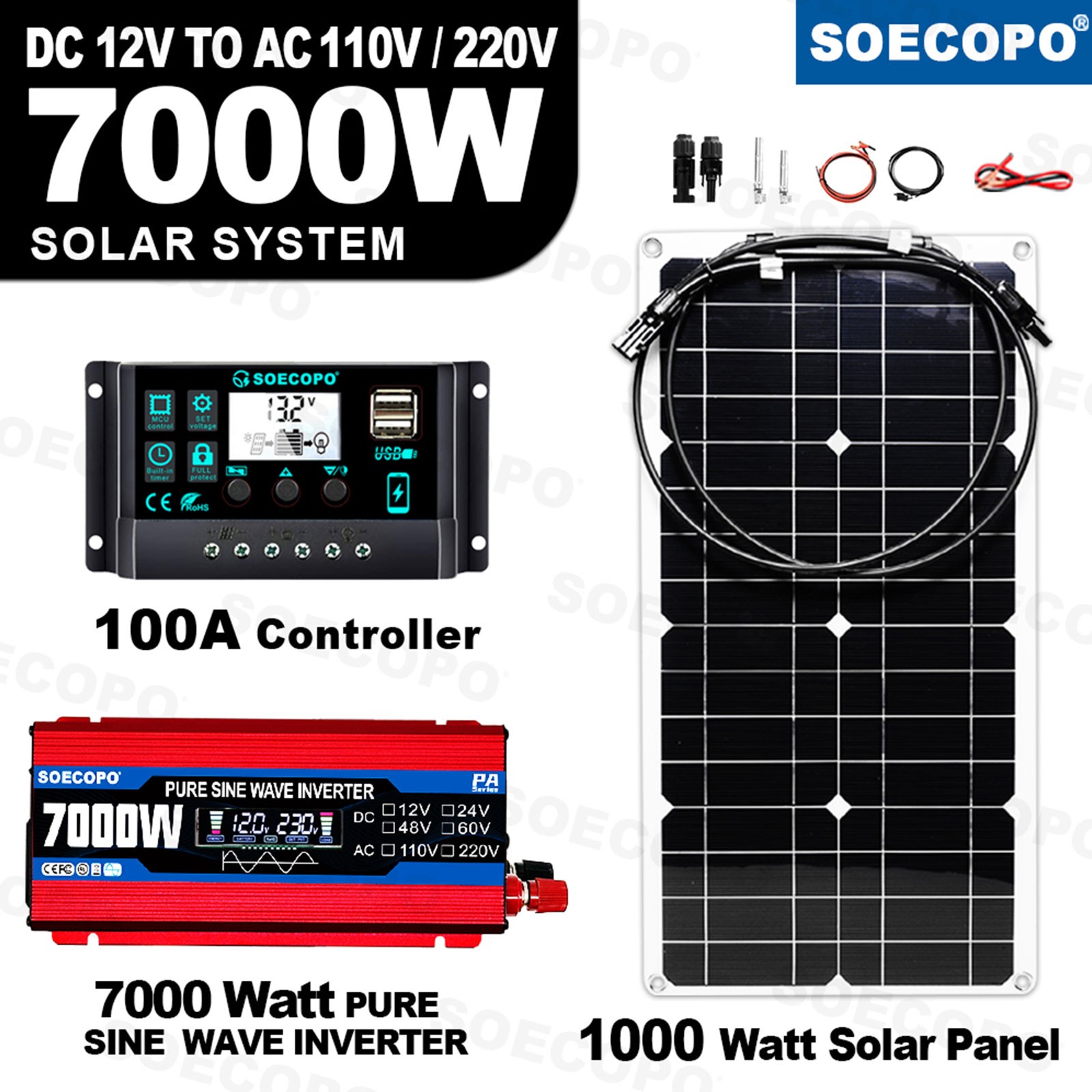 7000W Solar System Kit 100A Controller DC12V AC110 220V Panel for RV Boat CampIY