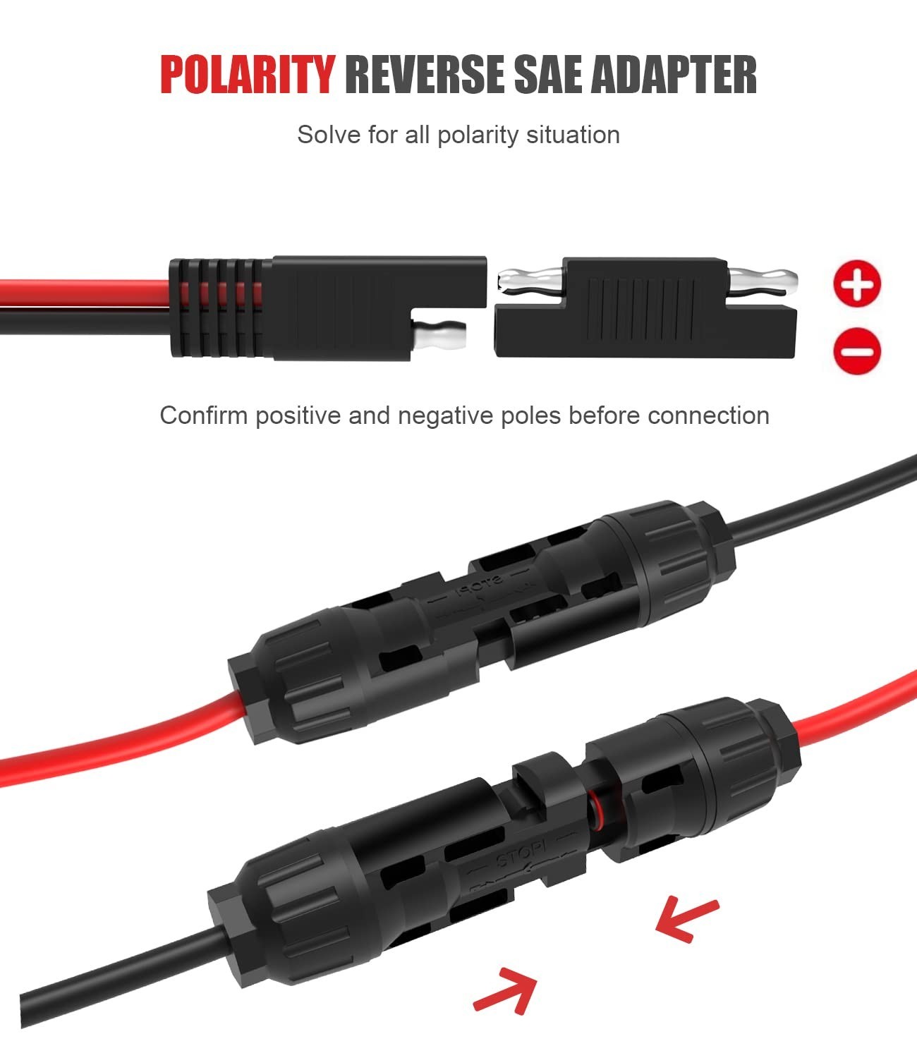 Enhanced 30cm Solar Panel Connector Cable with 2 SAE Reverse Adapters, 10AWG