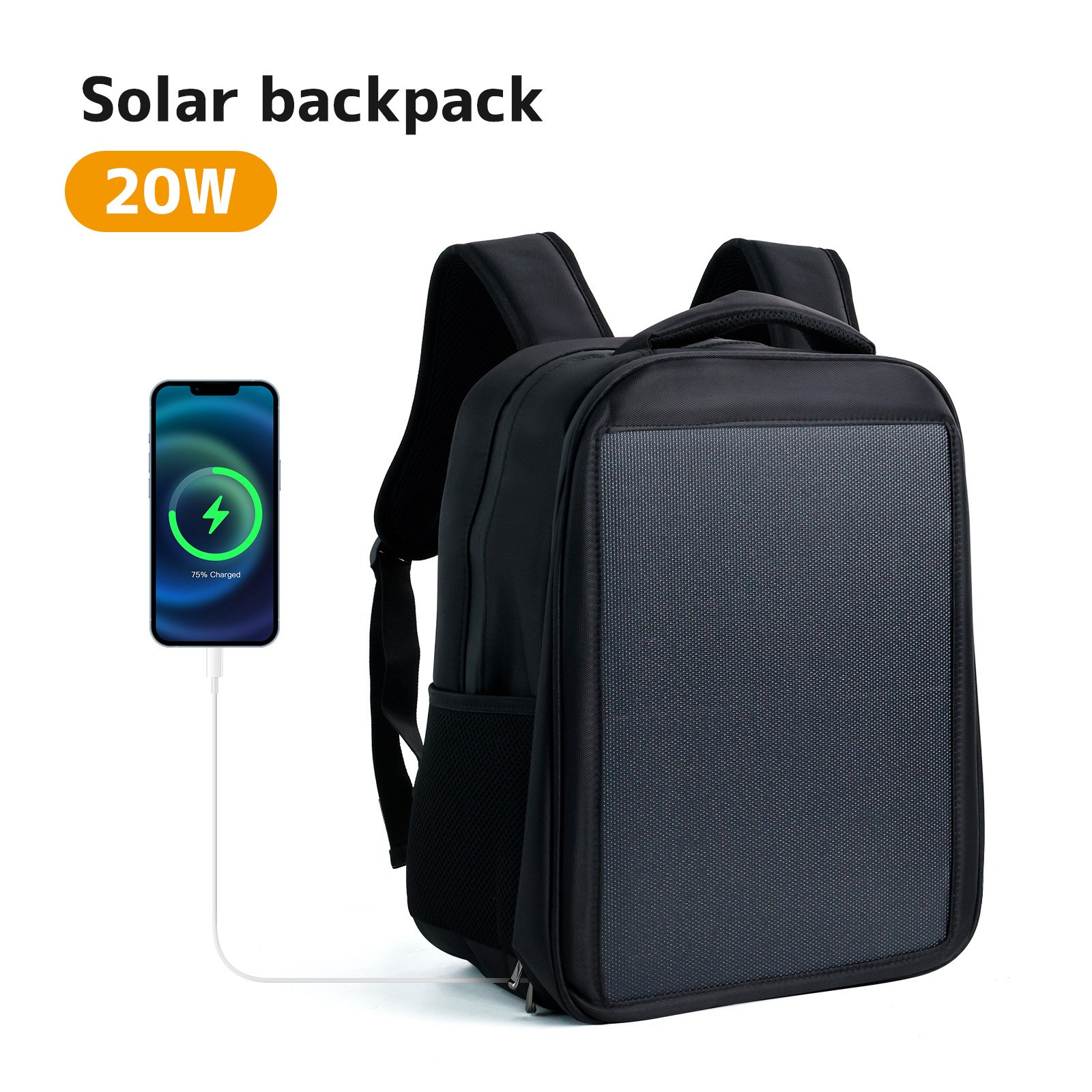 20W Solar Backpack 5V 3A Type C & Type A Charger for Camping Trip Hiking Black