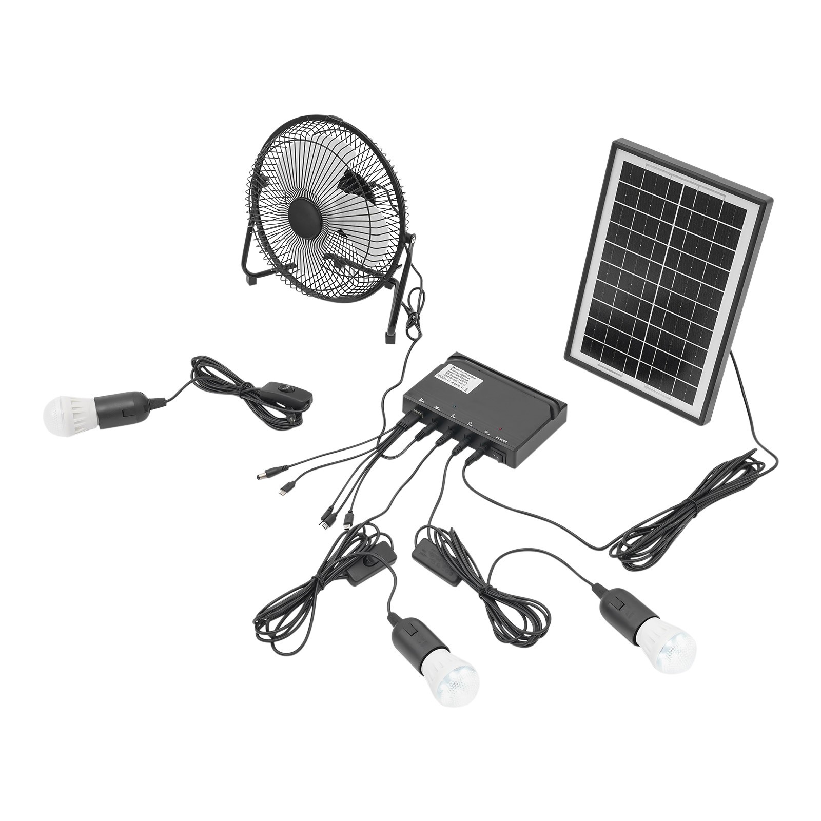 12 Volt Outdoor multi-purpose Solar Panel Kit Lighting System with 3×Bulbs & Fan