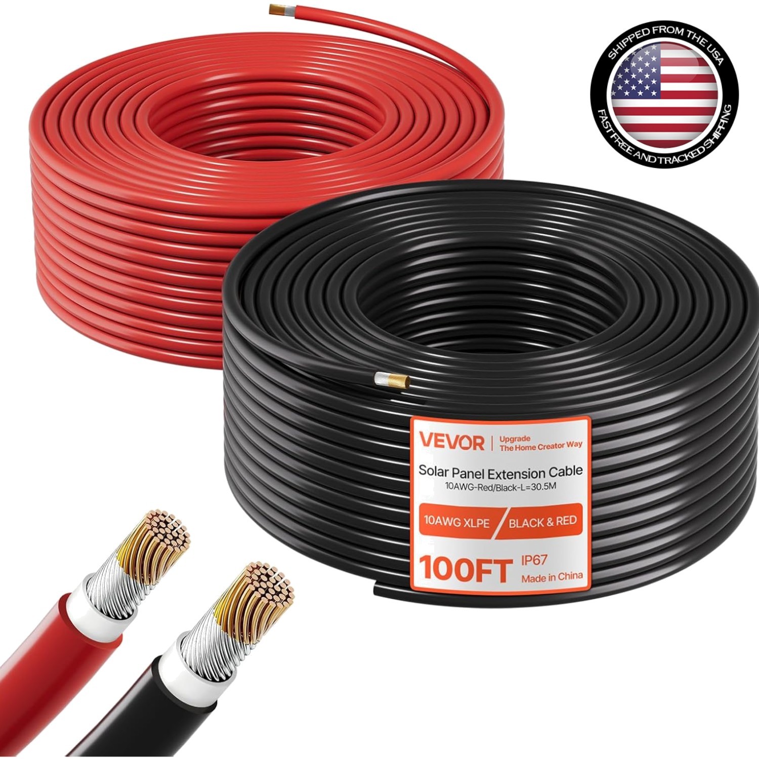 100ft Solar Panel Extension Cable 10AWG 6mm² Tinned Copper PV Cable Solar Wire