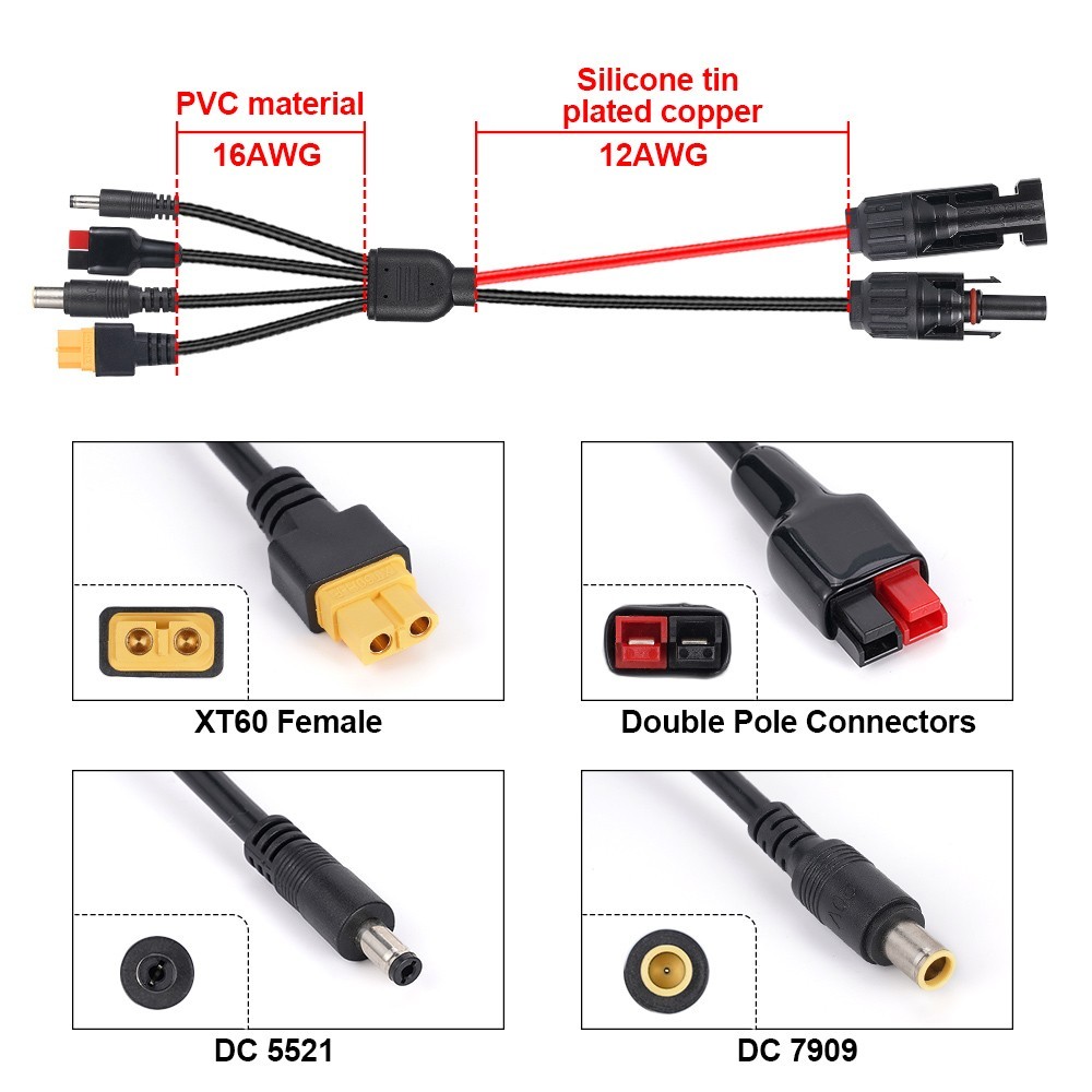 3ft Solar Panel Extension Cable 4in1 Solar Connector for Portable Power Station