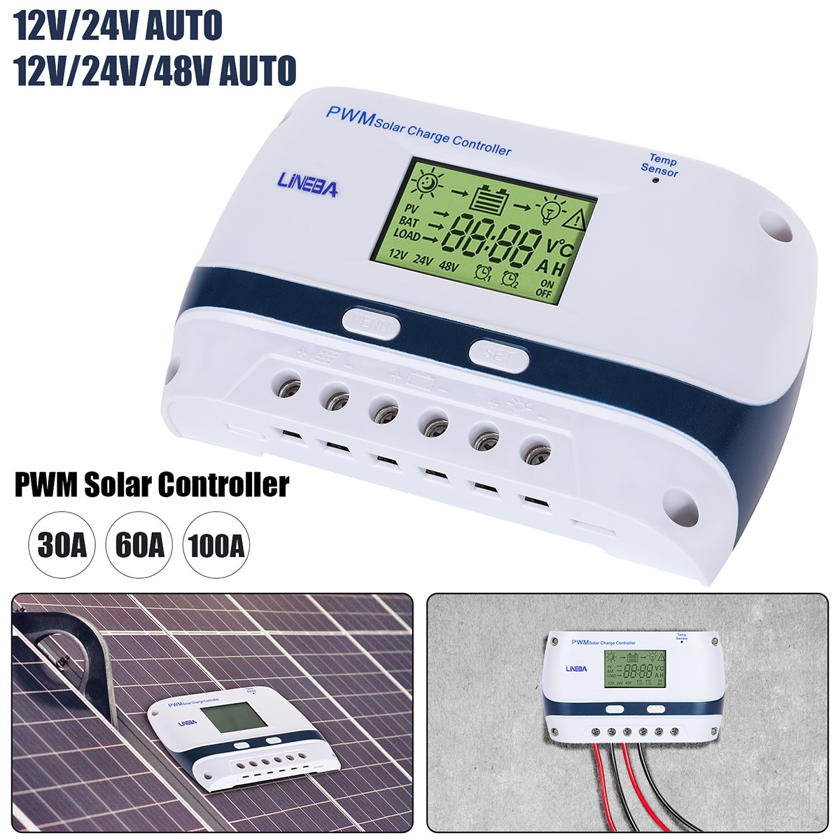 LCD 100A 60A 30A Solar Charge Controller Auto 12V/24V/48V Battery Regulator USB