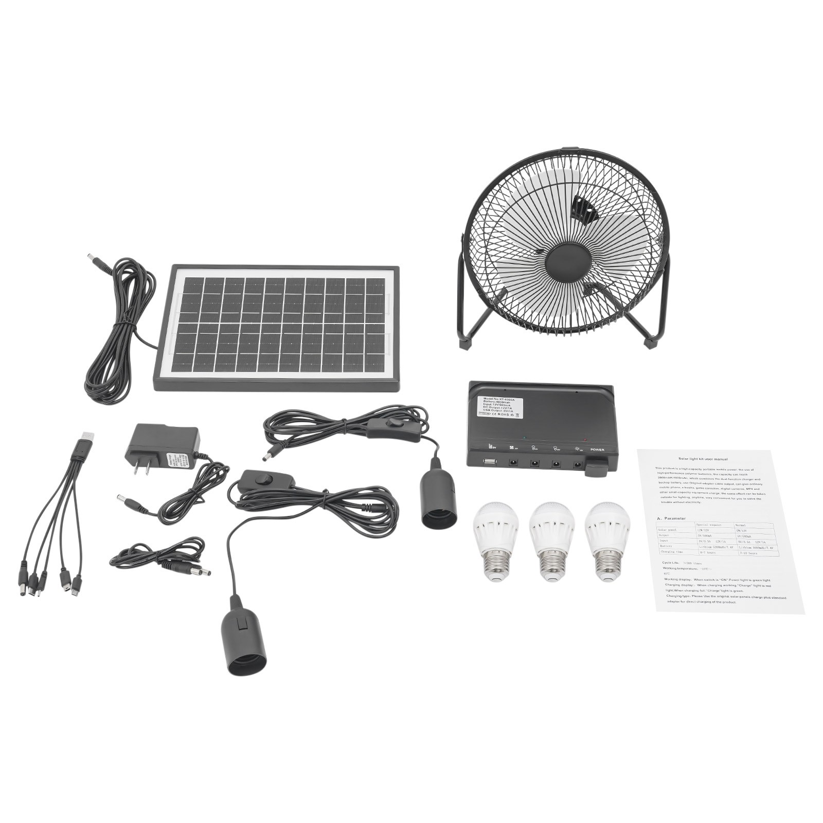 12 Volt Outdoor multi-purpose Solar Panel Kit Lighting System with 3×Bulbs & Fan
