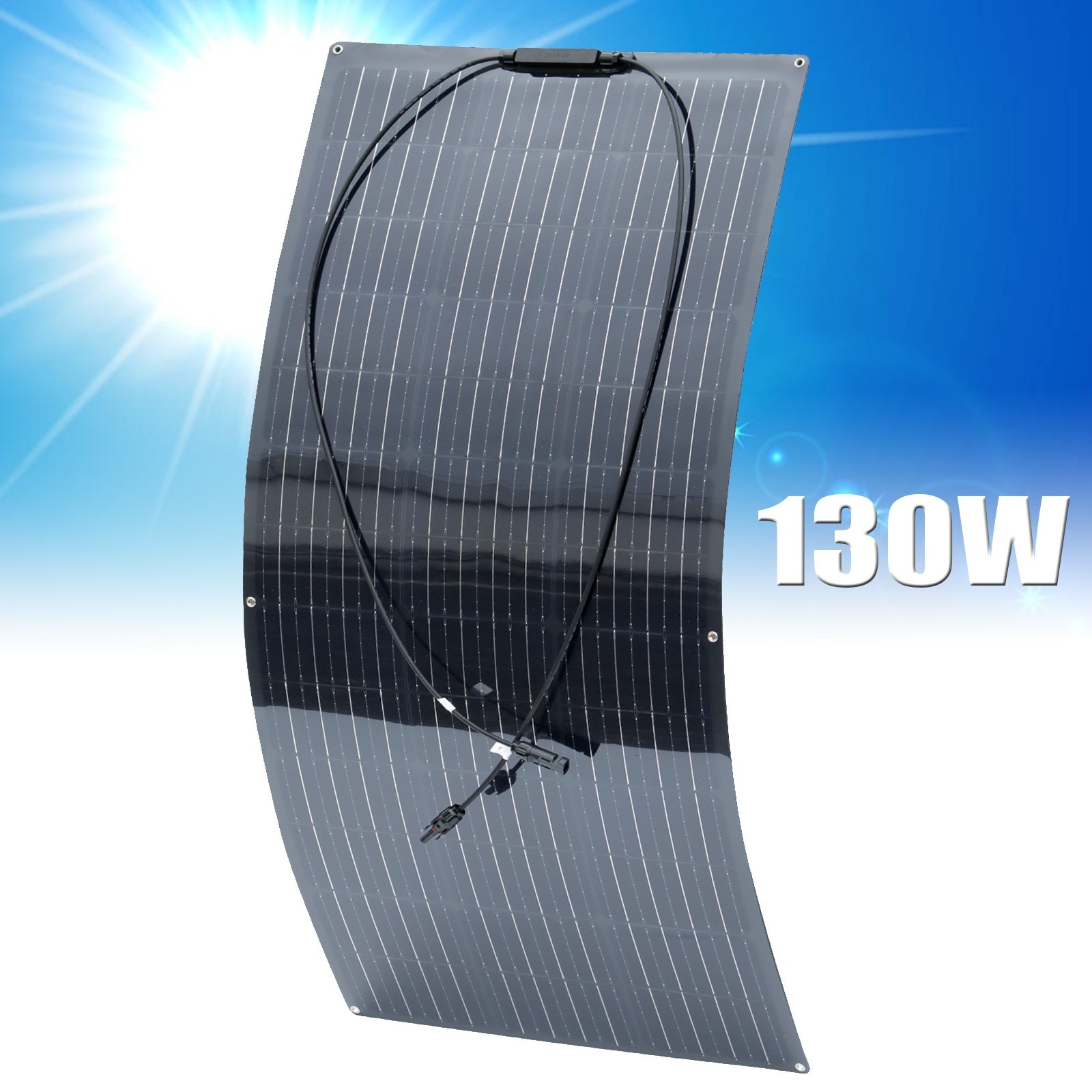 130W Solar Panel Flexible Monocrystalline PV Charging For RV Boats Trailer Black