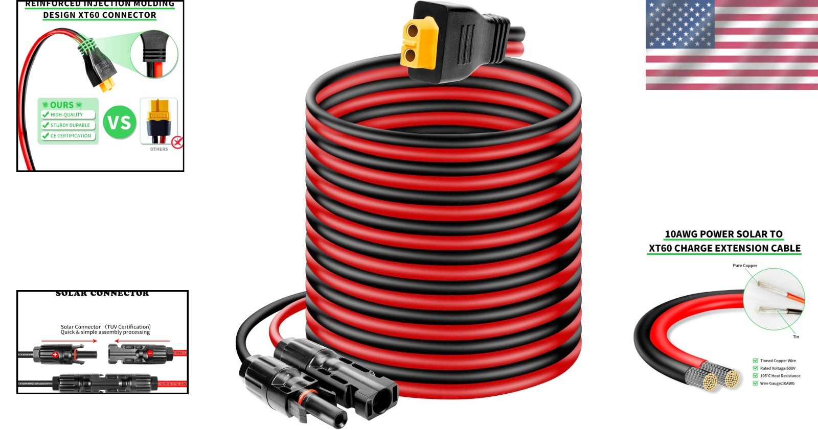 Versatile 30FT XT60 Plug Solar Connector – Ideal for RVs & Portable Generators