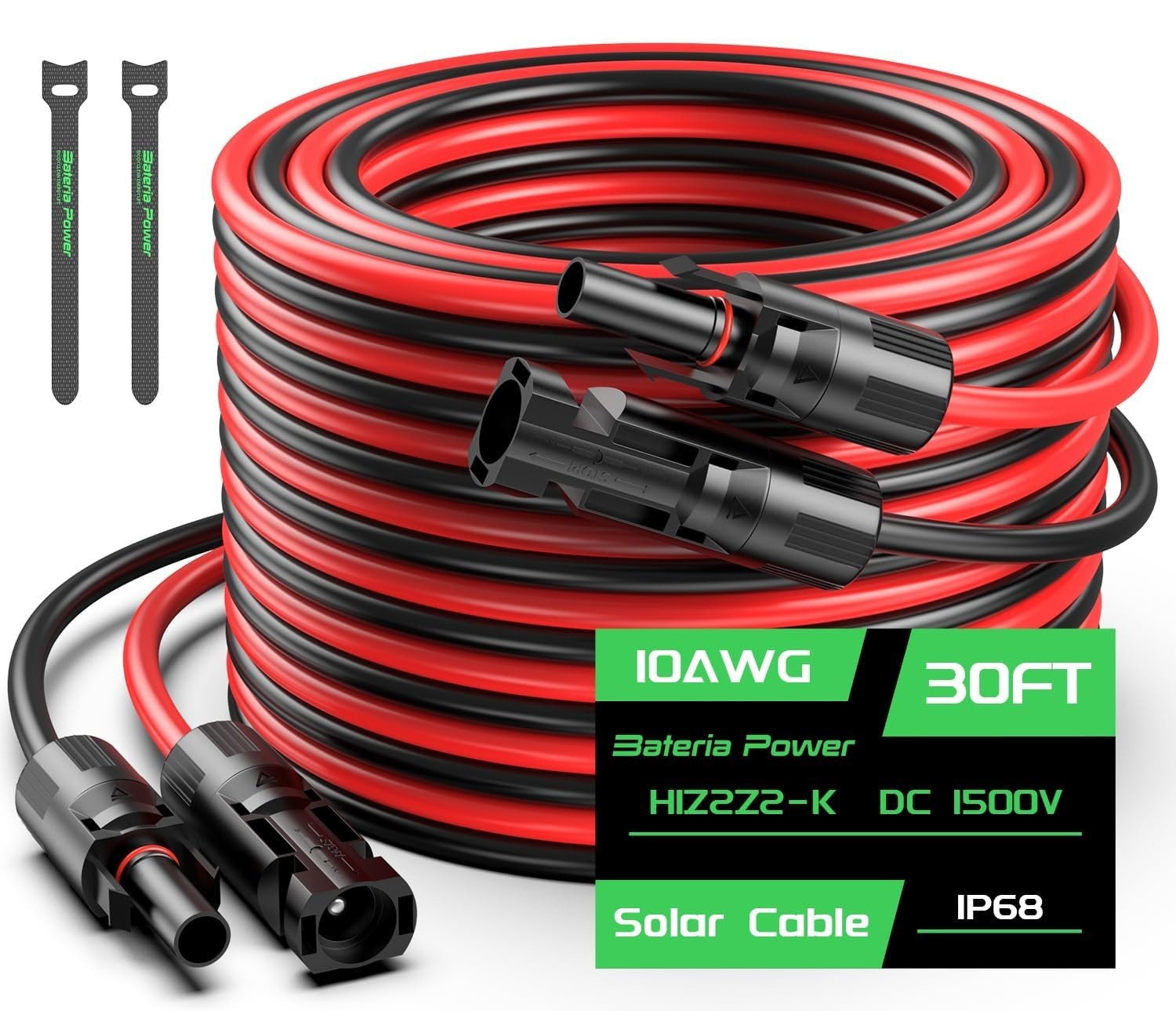 30FT 10AWG Solar Panel Extension Cable with Waterproof Connectors for RV & Solar