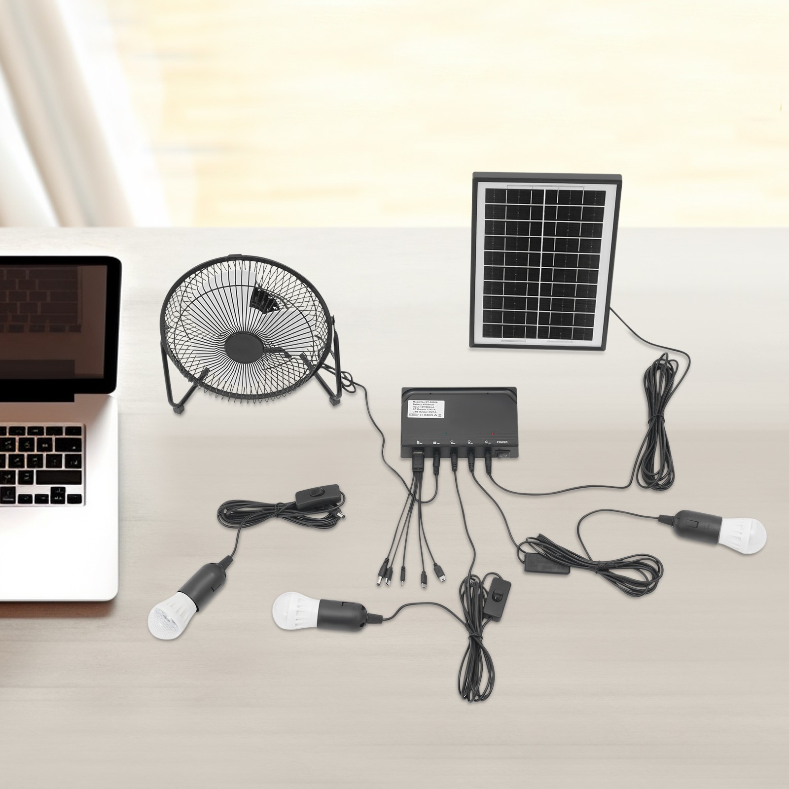 12 Volt Outdoor multi-purpose Solar Panel Kit Lighting System with 3×Bulbs & Fan