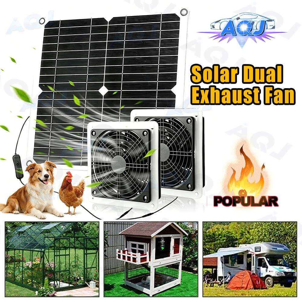 25W Solar Powered Dual Exhaust Fan Kit Waterproof For Chicken Coops, Greenhouses