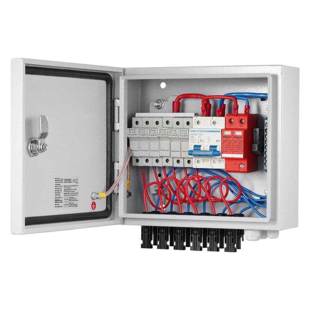 6 String PV Combiner Box DC 500-Volt with 15A Fuses 125A Breaker 40Ka Surge Prot