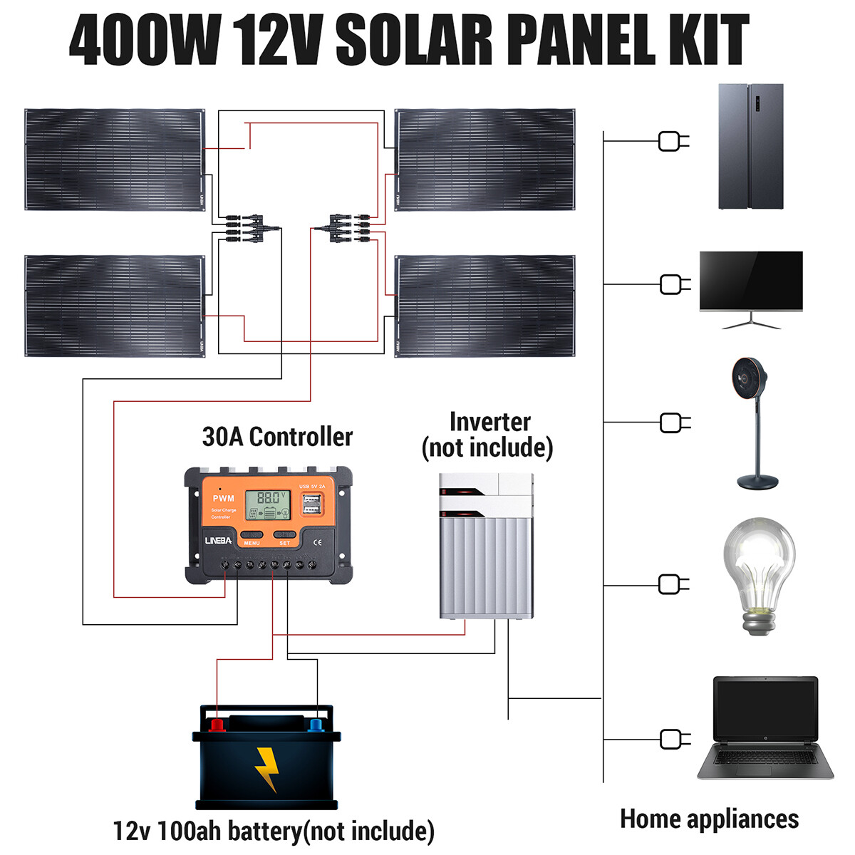 400W Monocrystalline Solar Panel LCD Battery Charger Kit fr Home/Caravan/RV/Boat