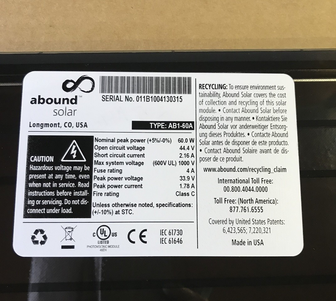 Abound Black Frameless Solar Panels, Type: AB1-60A, 60 W (47 3/4″ x 23 9/16″ x 1