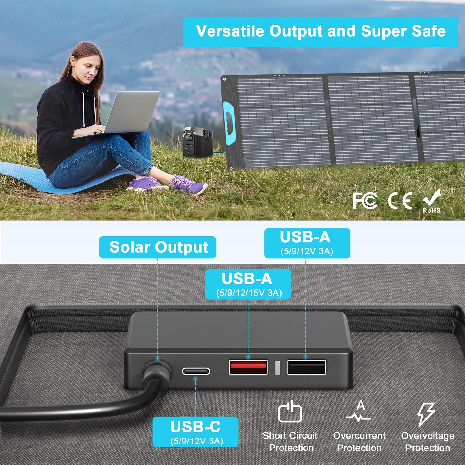 E-POWO Portable Solar Panel 220W 110W 60W for Camping RV Van Life Marine Outdoor