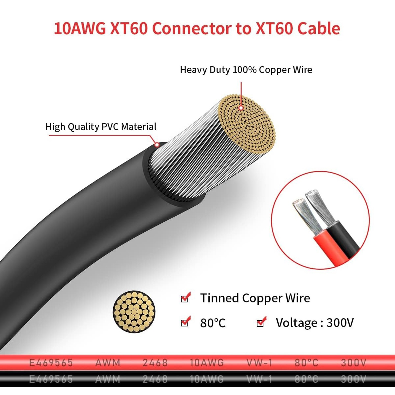 10 AWG XT60 to XT60 Female to Male Connector Solar Extension Charging Cable