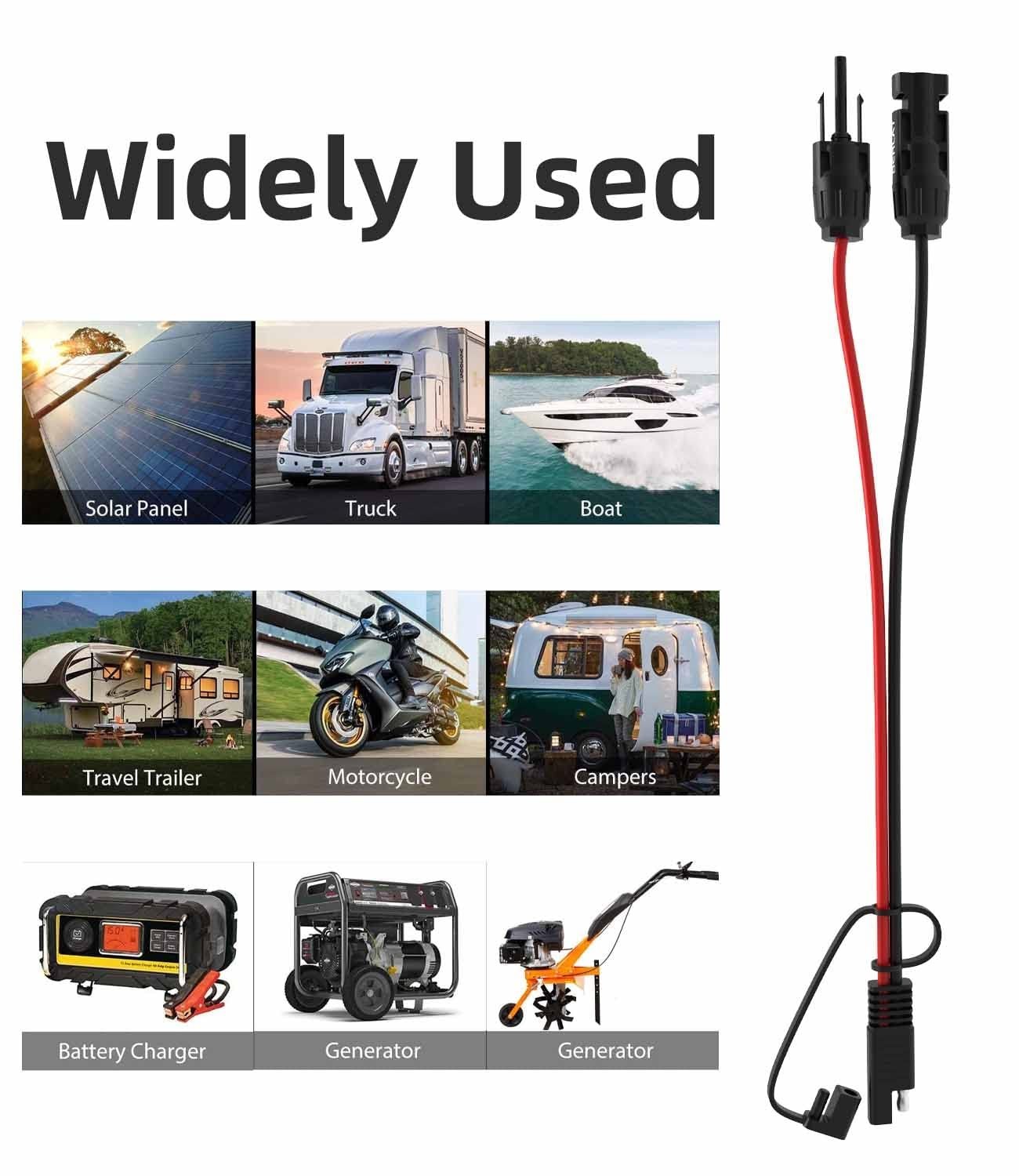 Enhanced 30cm Solar Panel Connector Cable with 2 SAE Reverse Adapters, 10AWG
