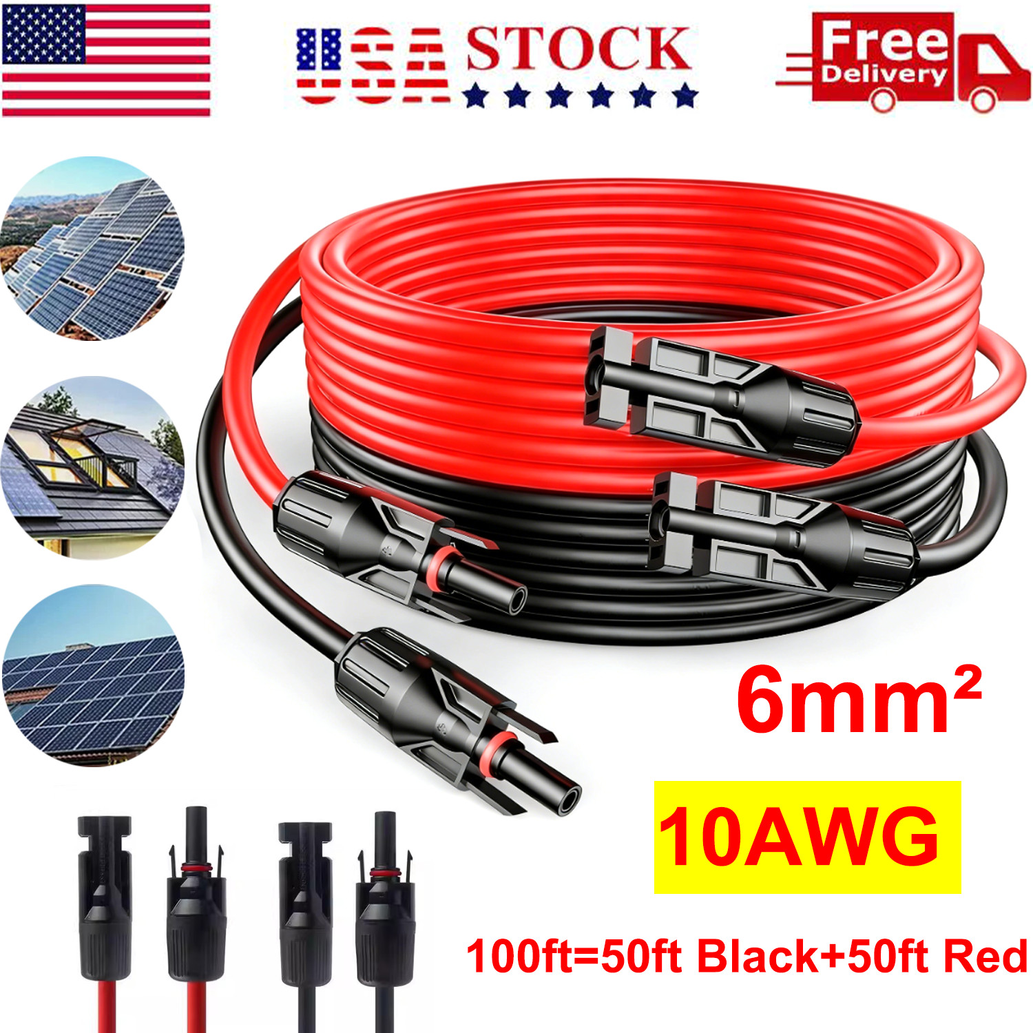 100FT 10 AWG Solar Panel Extension Cable PV Wire Solar Connectors Pair 6mm²