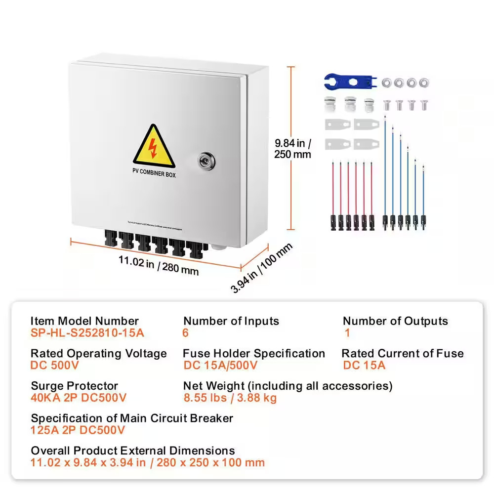 6 String PV Combiner Box DC 500-Volt with 15A Fuses 125A Breaker 40Ka Surge Prot