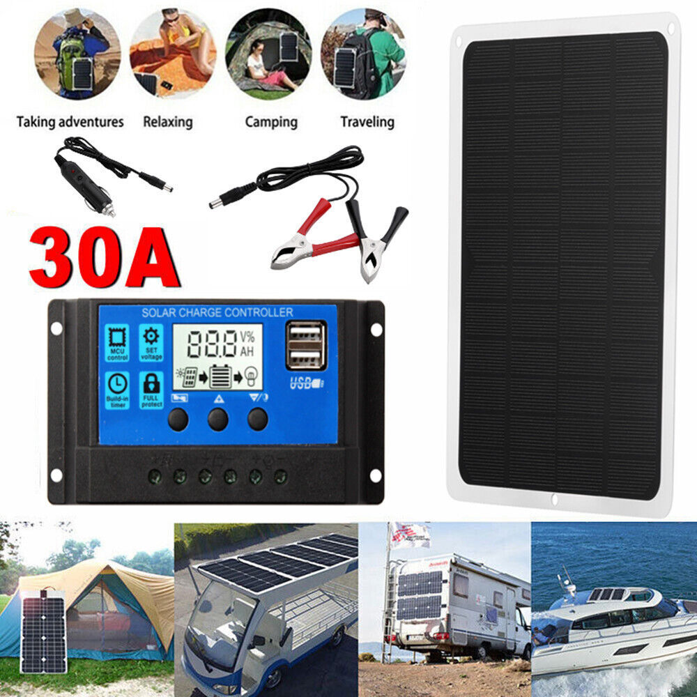22W Solar Panel 12V Trickle Battery Charger Kit Maintainer Boat 30A Controller