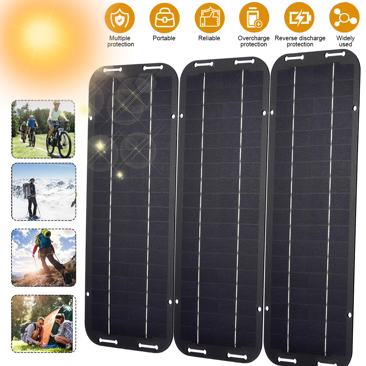 30W 12V 1/2/3 x USB Solar Panel Power Bank Outdoor Camping Hiking Phone Charger