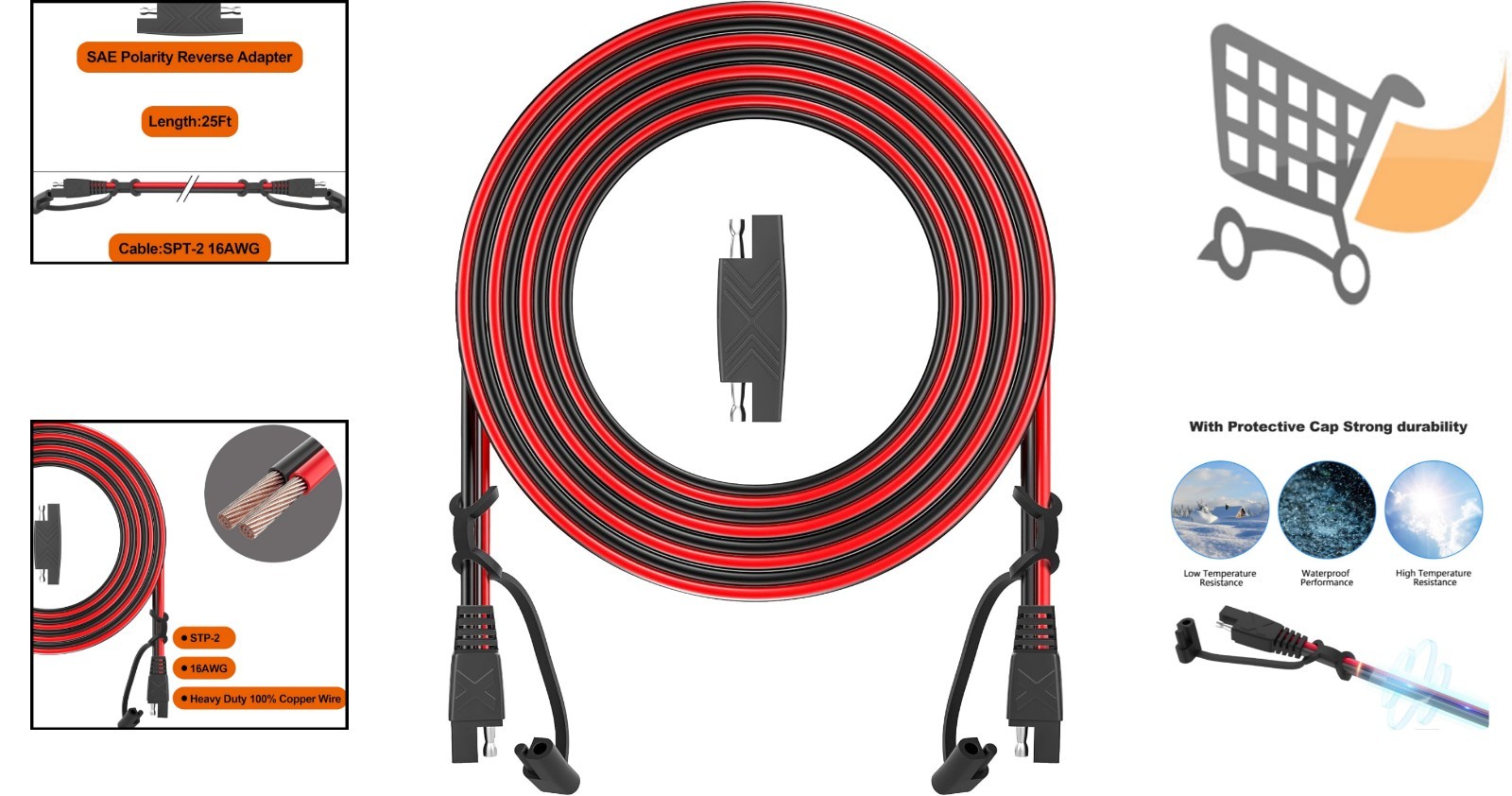 12Ft SAE Extension Cable 16AWG Quick Disconnect for Automotive Solar Panel