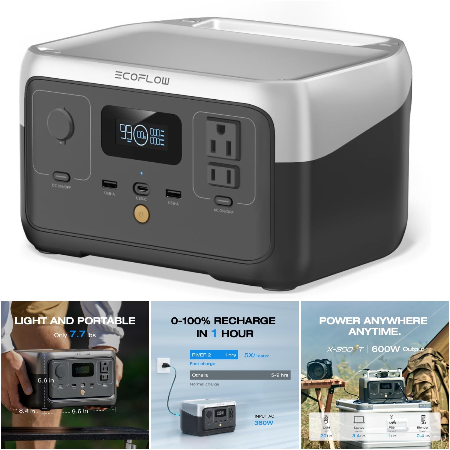 256Wh Portable Power Station 1 Hour Fast Charge 600W AC Outlets Solar Generator