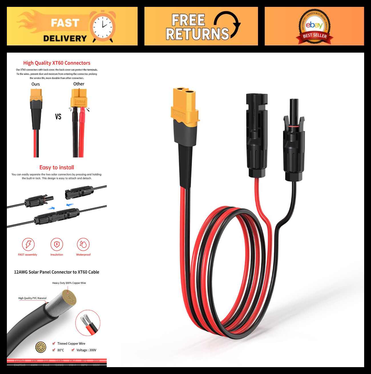 6FT XT60 Solar Extension Cable, 12AWG Connector for Solar Panels & Power Station
