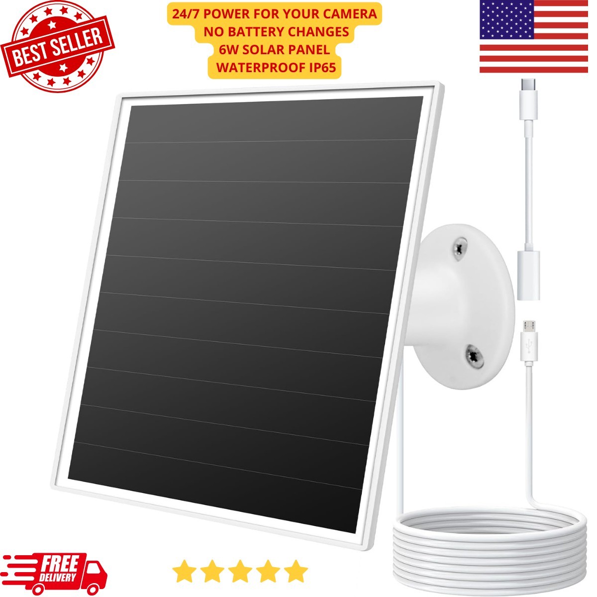 6W Solar Panel Charger for Security Camera USB-C Micro USB 5V IP65 Mount