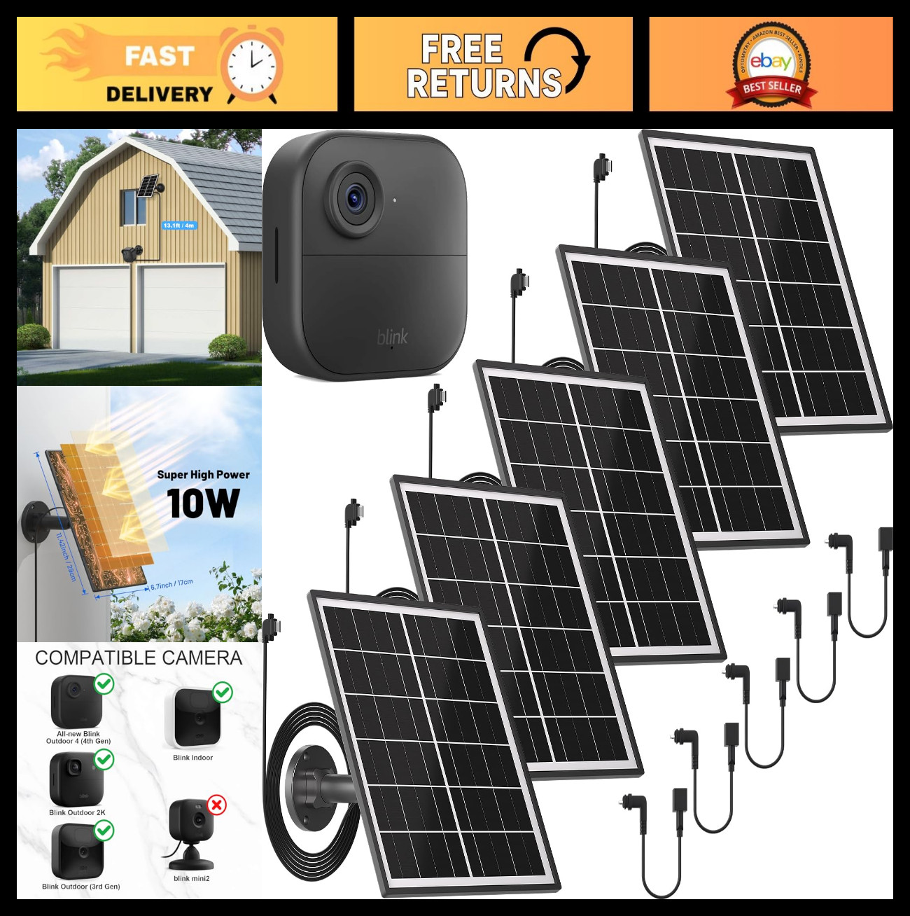 5 Pack 5W Solar Panel Charger for Blink Outdoor/Indoor Cameras, 13.1 Ft Cable &