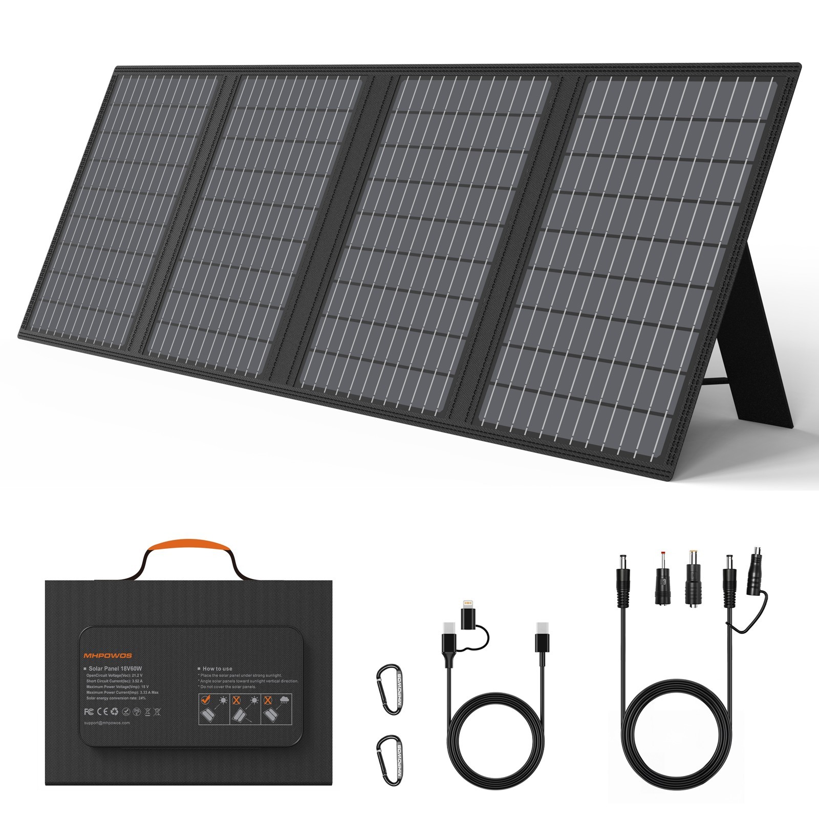 MHPOWOS Foldable 60W USB Solar Panel Charger for iphone ipad Samsung Power Bank