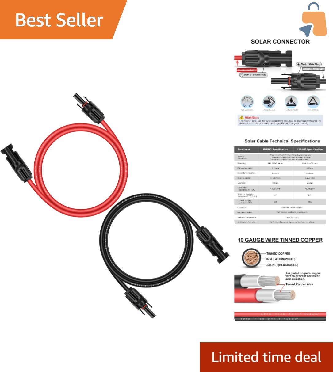 10AWG 6ft Copper Solar Panel Extension Cable – Weatherproof Duo with Connectors