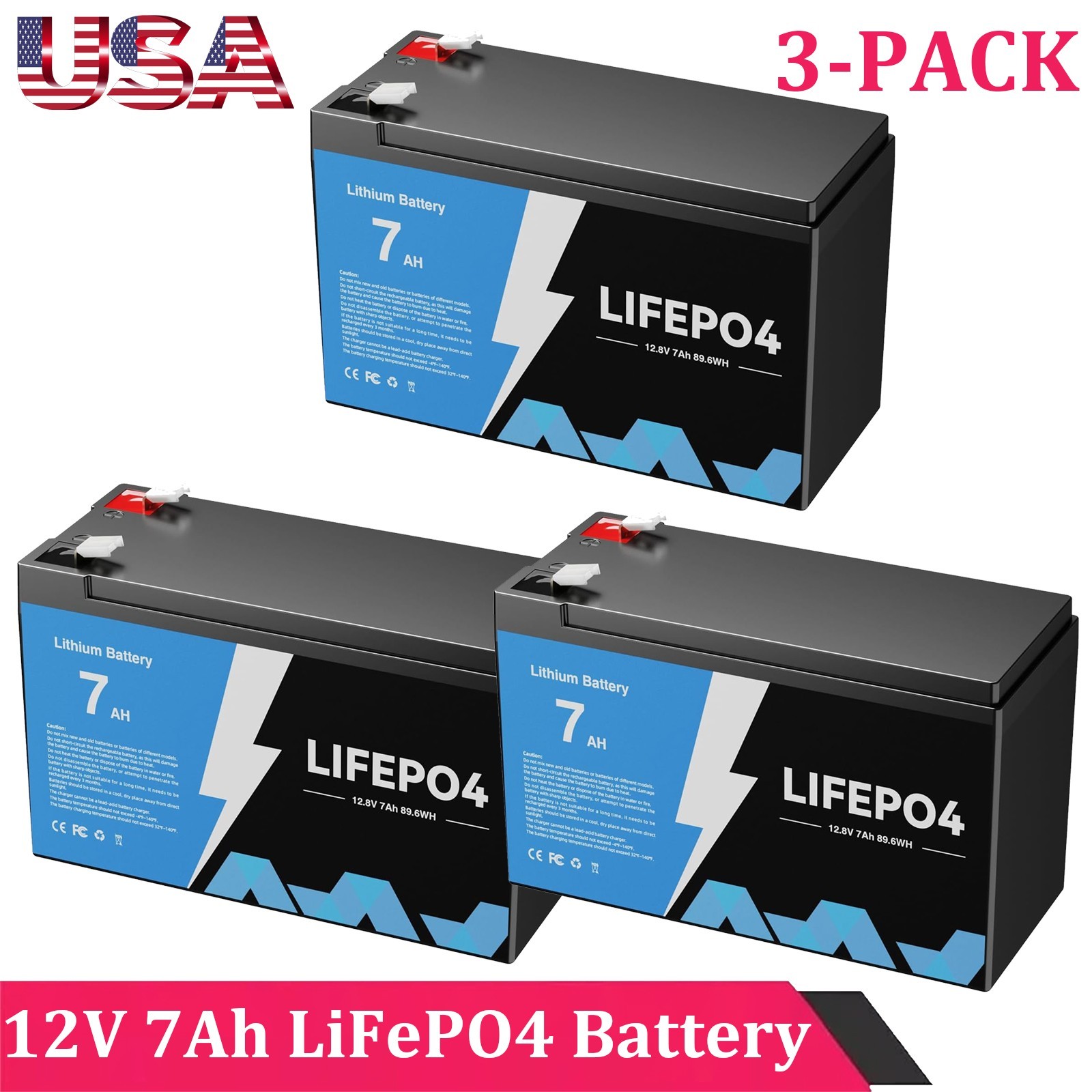 3-PACK 12V 7Ah 84Wh LiFePO4 Deep Cycle Battery Energy for RV, Solar, Marine,Home