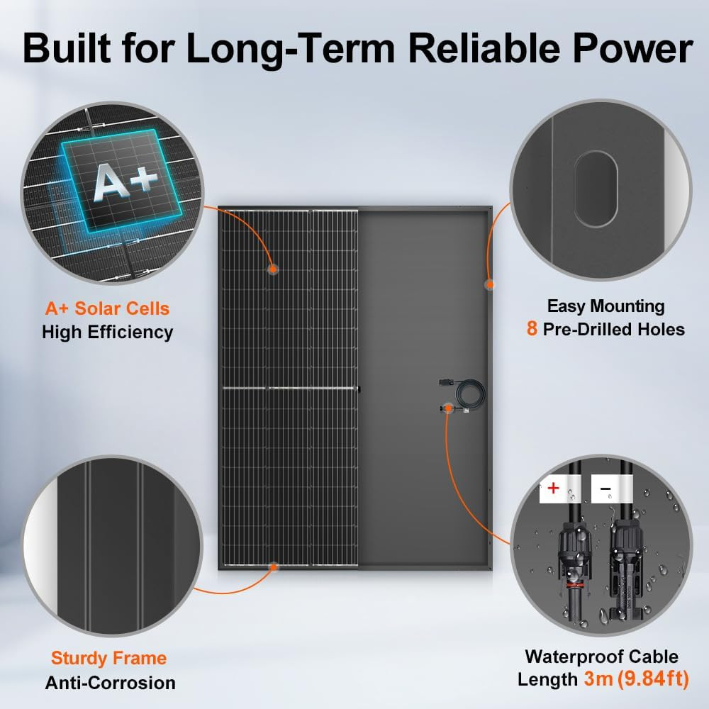 DOKIO Monocrystalline Solar Panel Size 800W (2×400W) 31V for 12/24V Devices, Alu