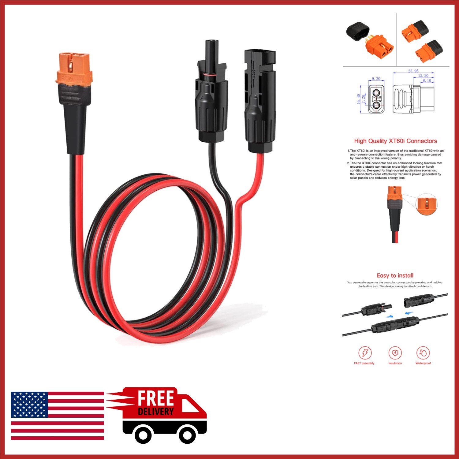 12AWG 2FT Solar Connector to Adapter Cable for Portable Power Station