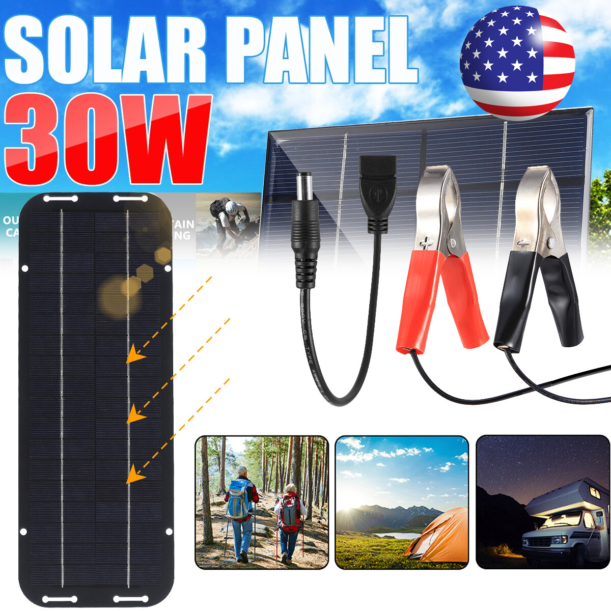 30W Solar Panel 12V Trickle Charger Battery Charger Kit Maintainer Boat Car RV