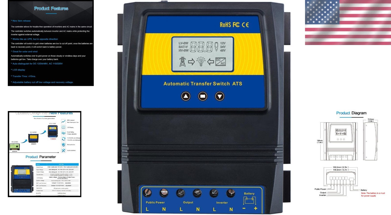 Smart Dual Power Controller with Fast Transfer Switch – 50A for Solar/Wind Use