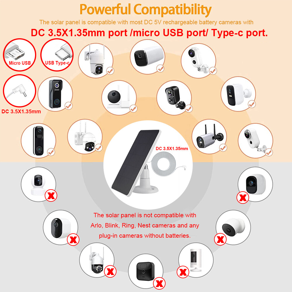 Universal Solar Panel for Ring Spotlight Stick Up Cam Battery Charger 10ft Cable