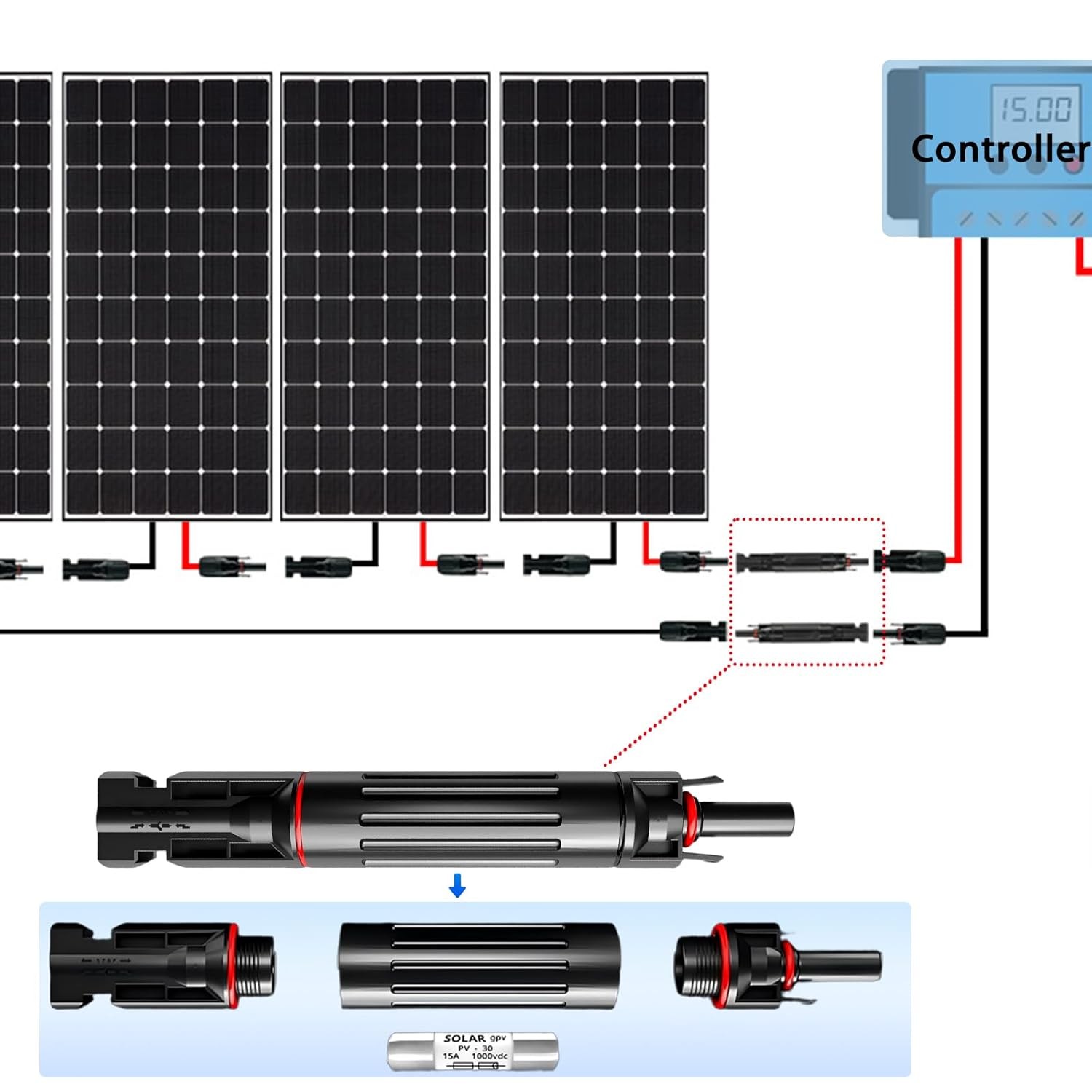 Waterproof in-Line Fuse Solar Panel Holder 10A 1000V Panel String Fuse Connector