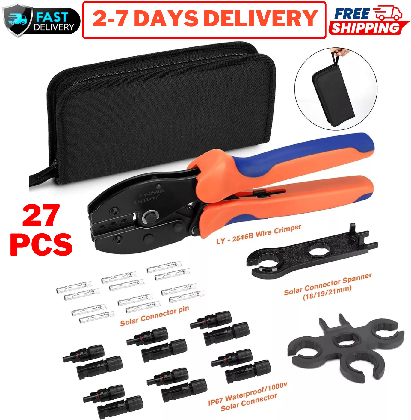 27PCS Solar Panel Cable Wire Connectors Crimper PV Crimping Pliers Tools Set Kit