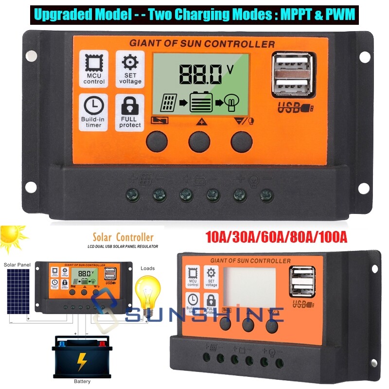 10-100A Solar Charger Controller MPPT&PWM Dual USB Charge Regulator Panel 12/24V
